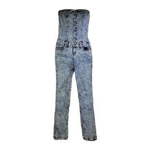 Aphrodite Junior 13 Acid Wash Blue Jean Strapless Jumpsuit Jeweled Stretch Denim